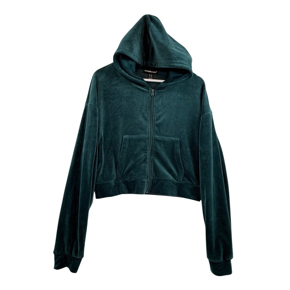 Charlotte Russe XL Dark Teal Velour Cropped Zip Up Hoodie Y2K Style